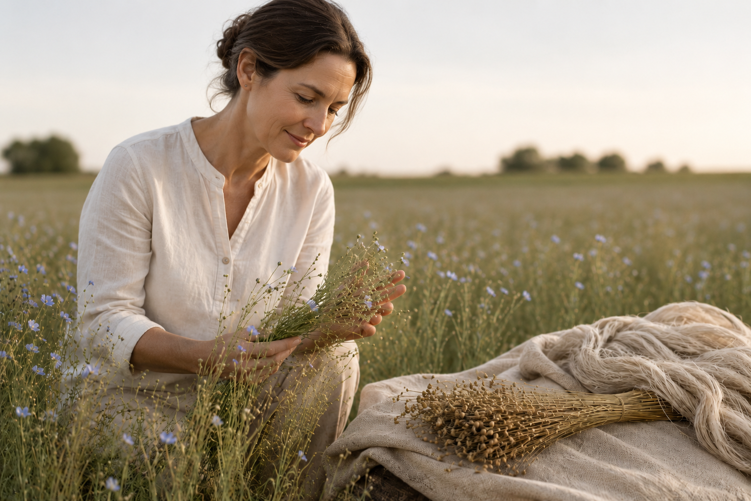 Mujer rodeada de lino en el campo, inspiración natural para la marca