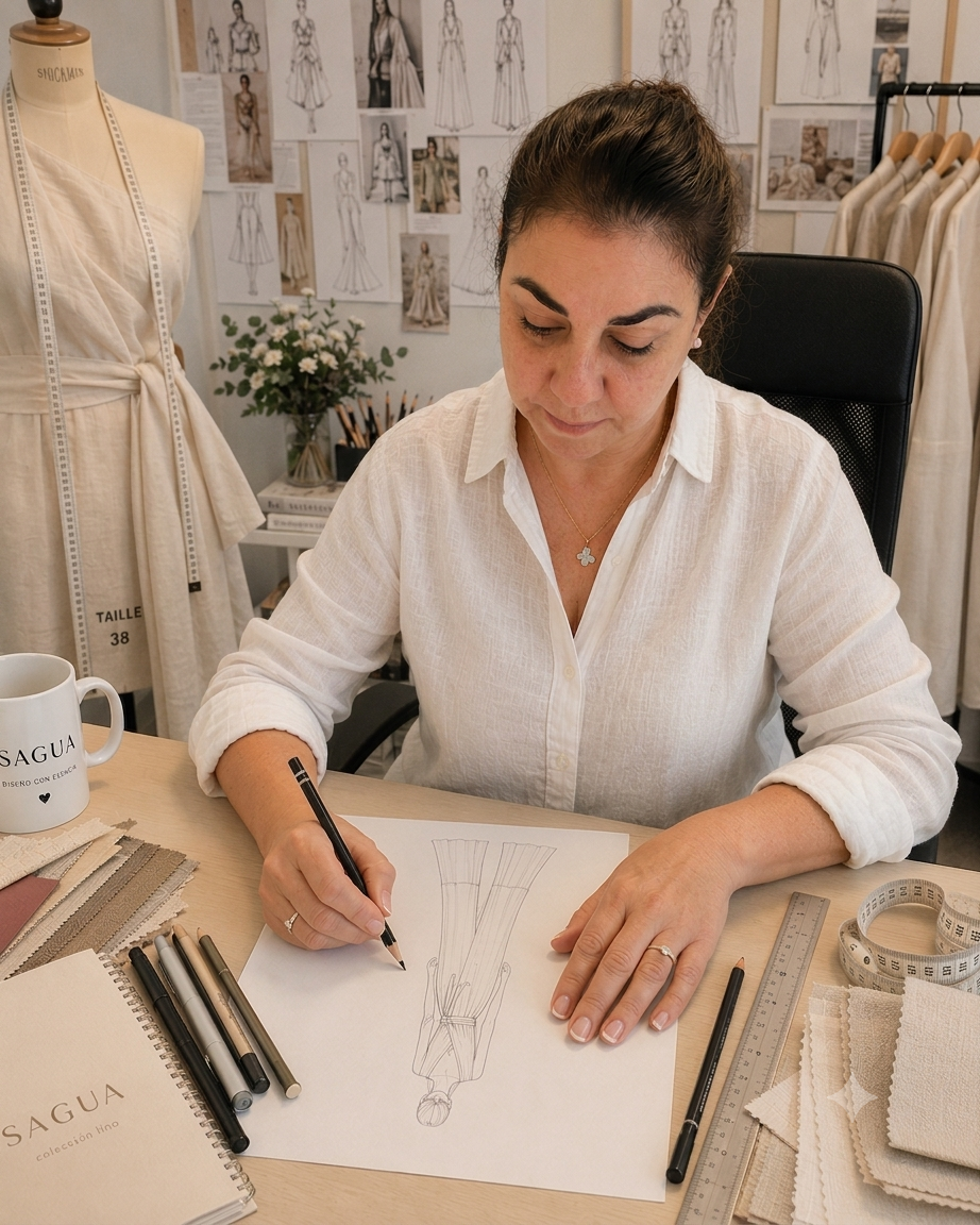 Diseñadora de SAGUA creando un boceto rodeada de tejidos y referencias de moda