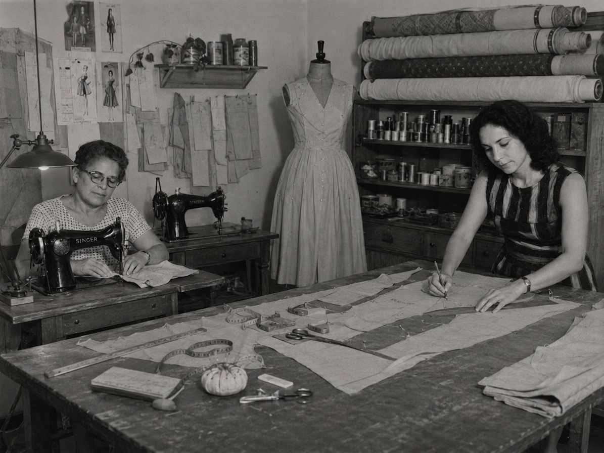 Fotografía familiar en taller de costura con varias generaciones entre telas y patrones